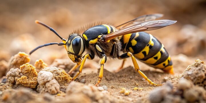A solitary, medium-sized wasp with a black and yellow striped body, hovering near a nest in sandy soil,