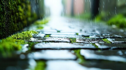 Fototapeta premium A rain-soaked alleyway with broken pavement, moss growing between cracks, and a gritty urban background rain-soaked pavement, gritty, street ground