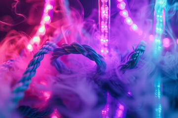 A purple and blue smokey background with a green and blue rope