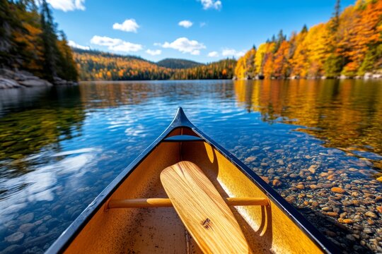 Autumn Canoeing in Canada visualized in a travel guide, highlighting iconic canoe routes through colorful landscapes like Algonquin Park and the Bowron Lakes