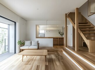 Fototapeta premium Modern Minimalist Living Room with Wooden Staircase and Open Kitchen