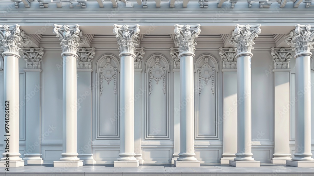 Poster rows of white columns on the facade of a building, suitable for architecture or design concepts
