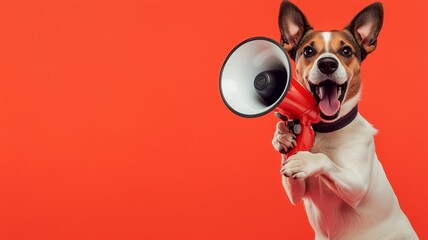 Dog holding a megaphone in its paws and barking into it, set against a solid background, humorously suggesting an announcement of discounts and promotions at a pet store.