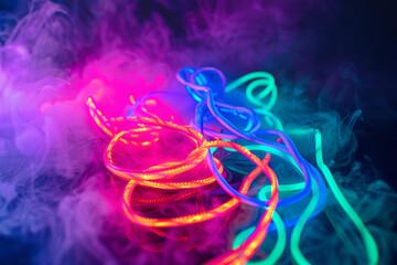 A colorful string of neon lights is suspended in the air above a cloud of smoke