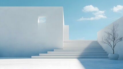 Minimalist White Architecture with Stairs and Tree