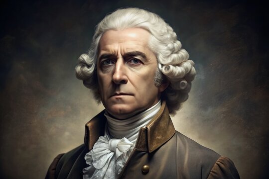 A stately portrait of a dignified founding father in colonial attire, with powdered wig and stern expression, set