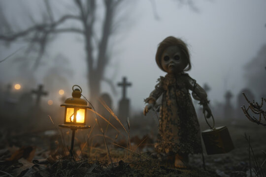 A creepy doll is holding a lantern in a graveyard