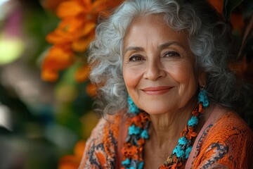 warm portrait of a joyful older latina woman in a sunlit care home garden her radiant smile and expressive eyes convey wisdom resilience and contentment in her golden years