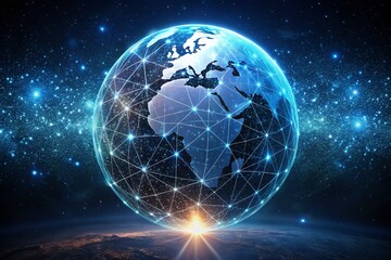 Naklejka premium A stunning 3D illustration of a transparent globe with glowing blue lines and scattered tiny white dots, set