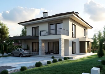 Modern White House with Balcony and Car in Front Yard