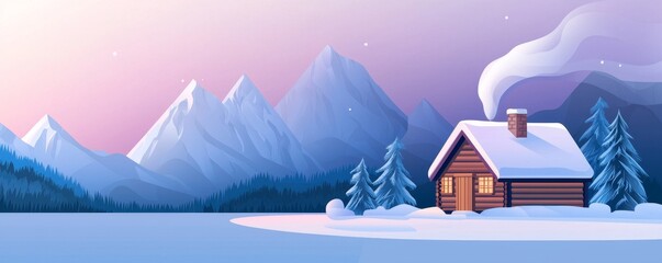 Naklejka premium A serene winter landscape featuring a cozy cabin, snow-covered mountains, and a peaceful frozen lake under a colorful sky.