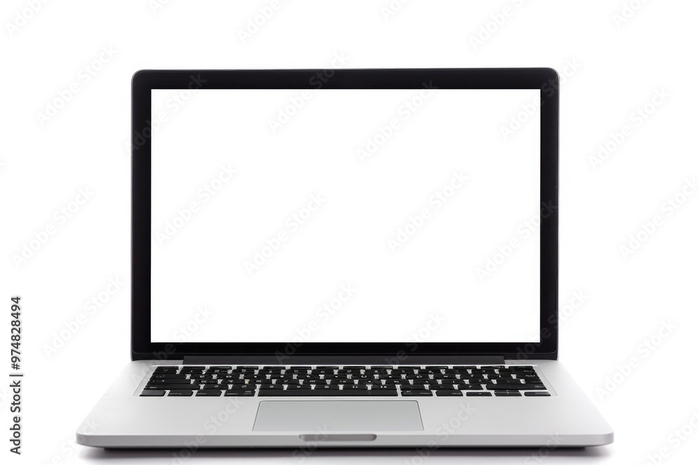 Poster a close-up of a laptop with a blank white screen, great for representing a device in need of attenti