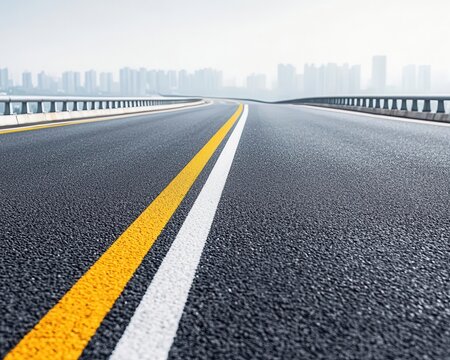 A newly built freeway overpass with smooth asphalt lanes curving over a bustling city overpass, asphalt, smooth surface