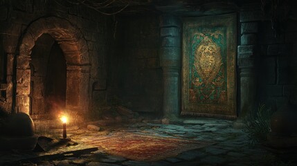 A Dark and Mystical Stone Room with a Carved Doorway and a Lit Candle
