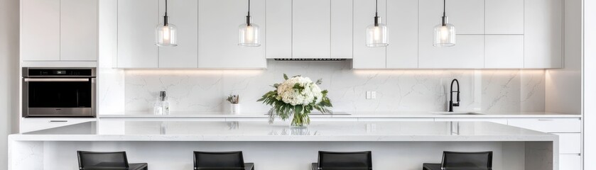 Fototapeta premium Modern kitchen interior featuring a sleek design, elegant lighting, and a stylish island with flowers for a welcoming touch.