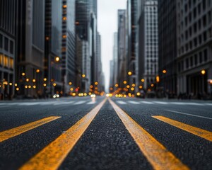 A city boulevard with smooth asphalt lanes, lined by skyscrapers and framed by traffic lights city boulevard, asphalt, smooth surface urban