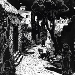 Black and White Illustration of a Village Street at Night