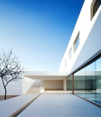 Obraz premium Minimalist Modern House Exterior with White Walls and Blue Sky