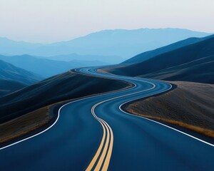 A freeway with smooth asphalt lanes, curving gracefully over rolling hills, captured at dusk freeway, asphalt, smooth surface dusk