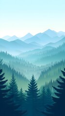 Fototapeta premium Vector illustration of a forest landscape with mountains at sunrise, featuring a flat design with simple shapes and flat colors
