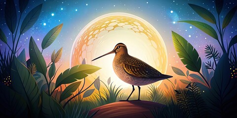 A stylized illustration of a woodcock bird in silhouette, set against a bright moonlit sky, surrounded by foliage