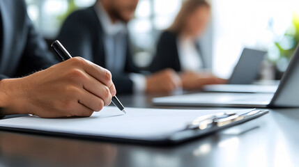 A close up of businesspersons hands writing in notebook, showcasing professionalism and focus in modern office environment. background features blurred colleagues engaged in work