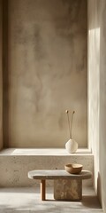 Modern Minimalist Interior Design with Beige Concrete Walls and a Wooden Table