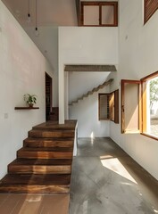 Fototapeta premium Modern Minimalist Home Interior Design with Wooden Stairs and White Walls