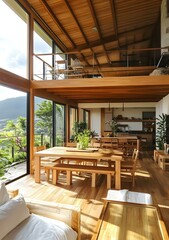 Fototapeta premium Modern Open Plan Wooden Home With Large Windows