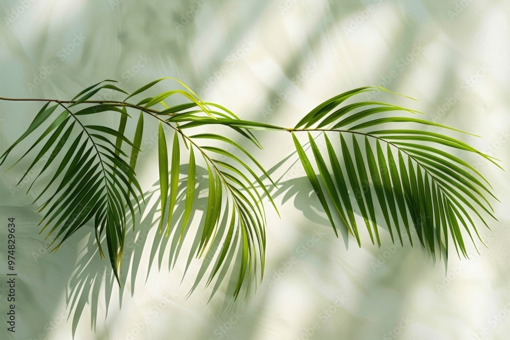 Poster a close-up shot of a palm leaf on a branch, showcasing its texture and structure