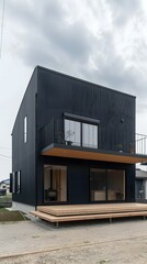 Modern Black House with Wooden Deck and Balcony
