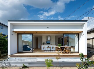 Modern Minimalist House Design with Wooden Deck and Sliding Glass Doors