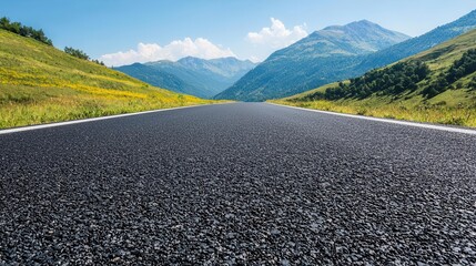 Fototapeta premium A smooth, freshly paved two-lane road running through a scenic valley, with mountains in the background two-lane road, asphalt, smooth surface