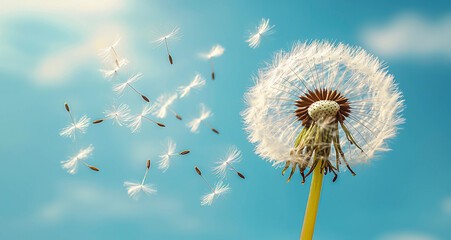 Stock image of an isloted single Dandelion flower with seeds flying away by wind