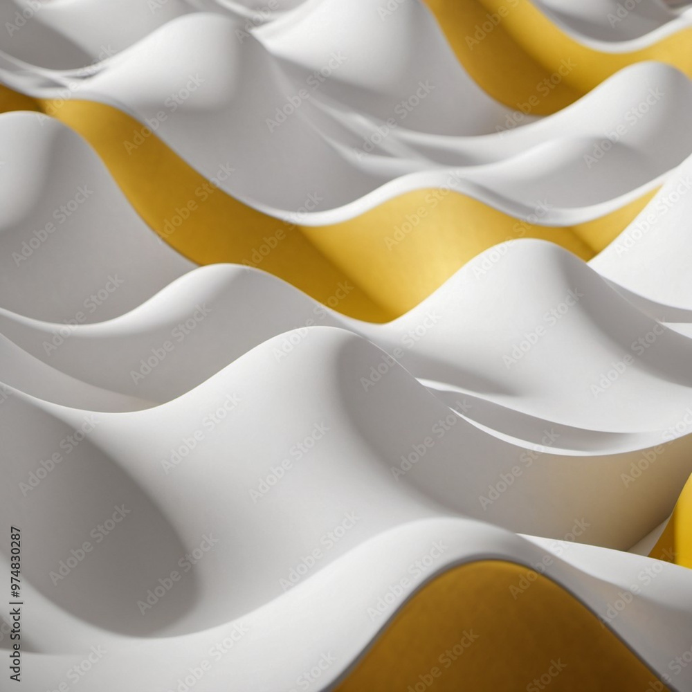 Poster the composition features smooth 3d waves in white and yellow, creating a harmonious blend of colors 