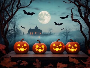 Spooky Halloween scene featuring glowing pumpkins, bats, and a full moon, perfect for autumn-themed decorations.