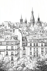 Fototapeta premium Rennes, France, black and white pen pencil hand-drawn effect portrait drawing illustration for travel poster, card, wallpaper, backdrop or banner. Modern, clear, artistic and simple