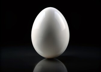A symmetrical, smooth, and glossy white egg shape stands isolated on a crisp black background, highlighting its curves