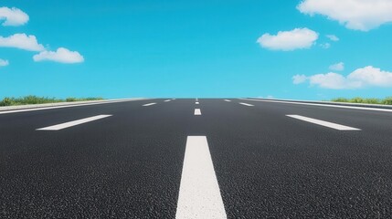 Fototapeta premium A sleek, modern freeway with smooth, dark asphalt and clear lane markings, under a bright blue sky freeway, asphalt, smooth road