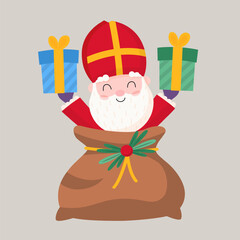 aint Nicholas or Sinterklaas peeking from sack with gifts - vector illustration isolated