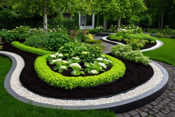 Beautiful Garden Design Ideas visualized in a vibrant infographic, showcasing different garden layouts, from cottage-style to modern minimalist gardens