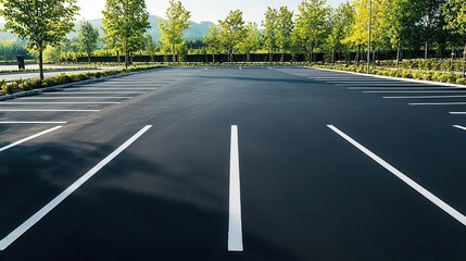 A freshly paved parking lot with smooth asphalt and bright white parking lines, ready for use parking lot, asphalt, smooth surface