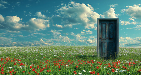 An abstract image featuring a door standing in the middle of a beautiful, open garden, with lush greenery and vibrant flowers