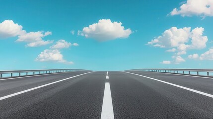 Fototapeta premium A sleek, modern freeway with smooth, dark asphalt and clear lane markings, under a bright blue sky freeway, asphalt, smooth road