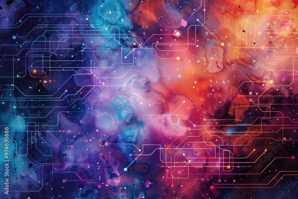 Poster a high-tech computer circuit board against a vibrant background