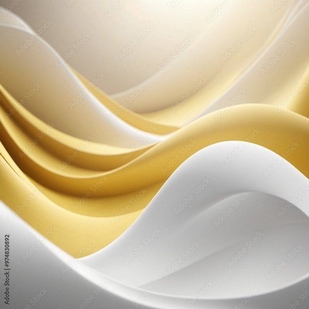 Poster the composition features smooth 3d waves in white and yellow, creating a harmonious blend of colors 