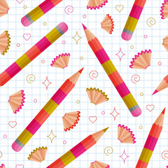 Seamless pattern of colored pencils and pencil shavings on checkered notebook paper background with figures. Design for education,stationery decorative,gift wrapping and packaging. Vector illustration