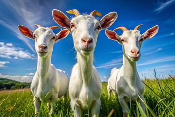 Fototapeta premium A trio of fluffy white Saanen goats with alert ears and curious eyes graze peacefully in a lush