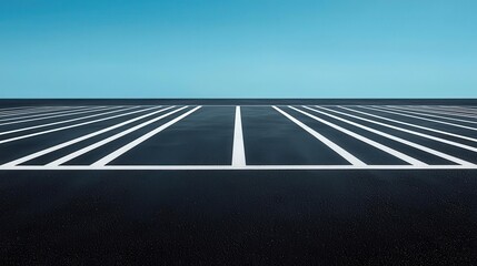 Fototapeta premium A freshly paved parking lot with smooth asphalt and bright white parking lines, ready for use parking lot, asphalt, smooth surface
