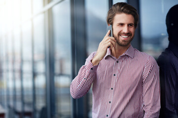 Happy, business and man with phone call by window for communication, client feedback and negotiation online. Person, thinking and mobile for discussion advice, consulting contact and proposal outdoor